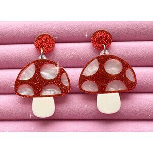 Mushroom Acrylic Shaped Pendant Earrings Light wearing NWT